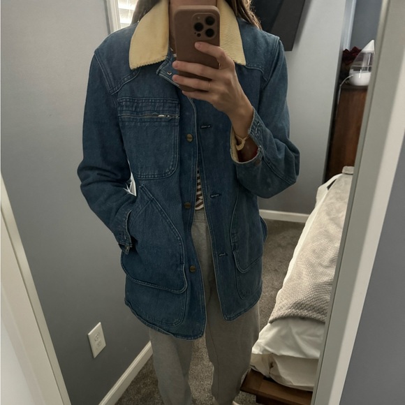 Vintage L.L. Bean Red Wool Blend Lined Corduroy Trim Heavy Denim Barn Coat Sz M - Picture 16 of 16